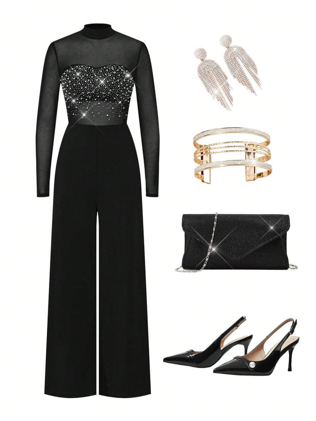SHEIN Clasi Women's Elegant Sparkling Sexy Rhinestone Decor Mesh Jumpsuit