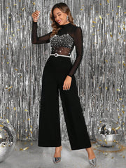 SHEIN Clasi Women's Elegant Sparkling Sexy Rhinestone Decor Mesh Jumpsuit