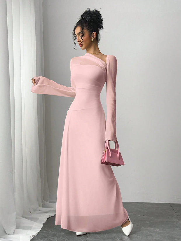 SHEIN Essnce Women Asymmetrical Neckline Long Sleeve Ankle Length Dress
