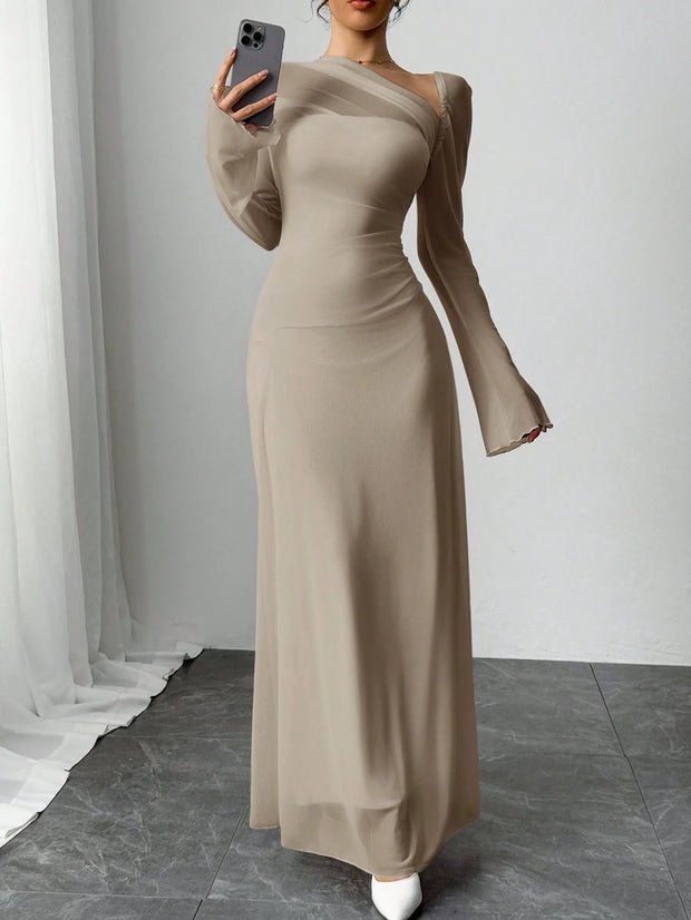 SHEIN Essnce Women Asymmetrical Neckline Long Sleeve Ankle Length Dress