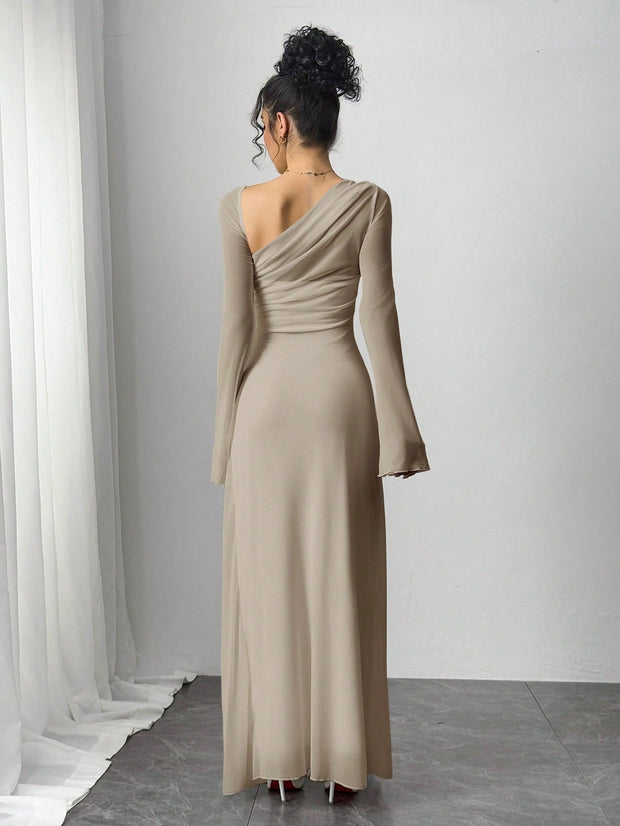SHEIN Essnce Women Asymmetrical Neckline Long Sleeve Ankle Length Dress