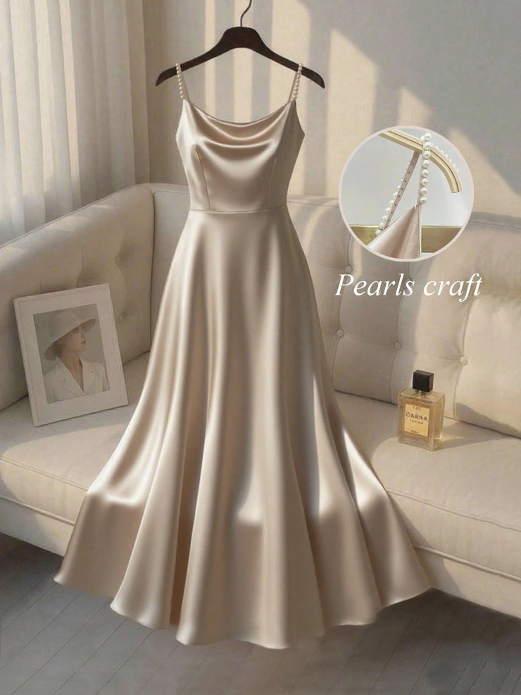 SHEIN Franclia Women's Elegant Satin Pearl Slip Dress With A-Line Silhouette