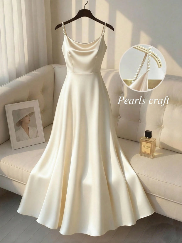 SHEIN Franclia Women's Elegant Satin Pearl Slip Dress With A-Line Silhouette