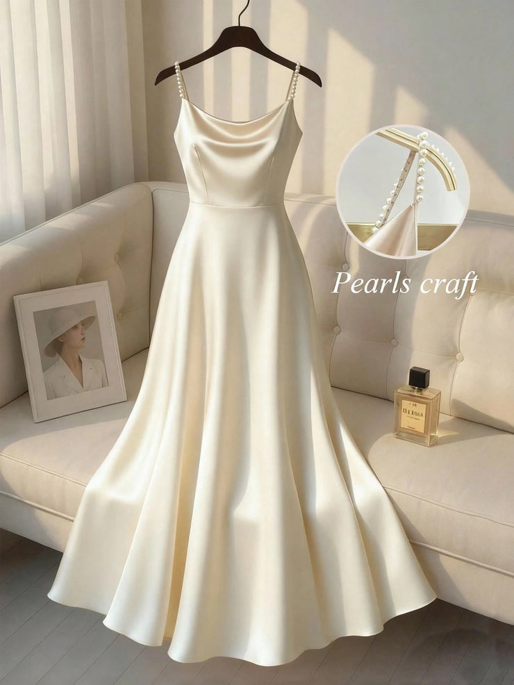 SHEIN Franclia Women's Elegant Satin Pearl Slip Dress With A-Line Silhouette