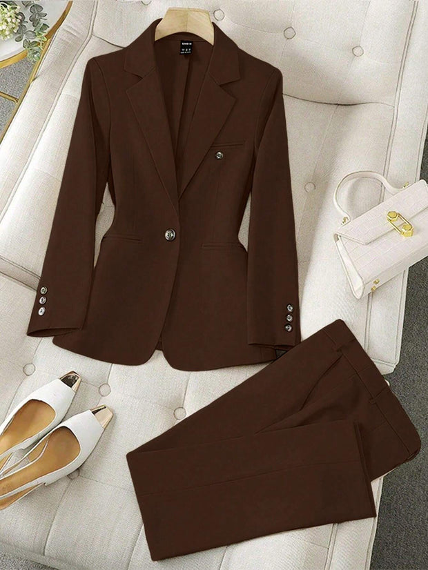 SHEIN LUNE Women's Minimalist Notched Collar Single Button Blazer Jacket And Pants Suit
