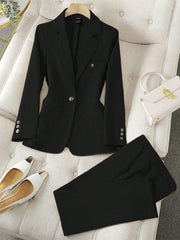 SHEIN LUNE Women's Minimalist Notched Collar Single Button Blazer Jacket And Pants Suit