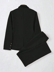 SHEIN LUNE Women's Minimalist Notched Collar Single Button Blazer Jacket And Pants Suit