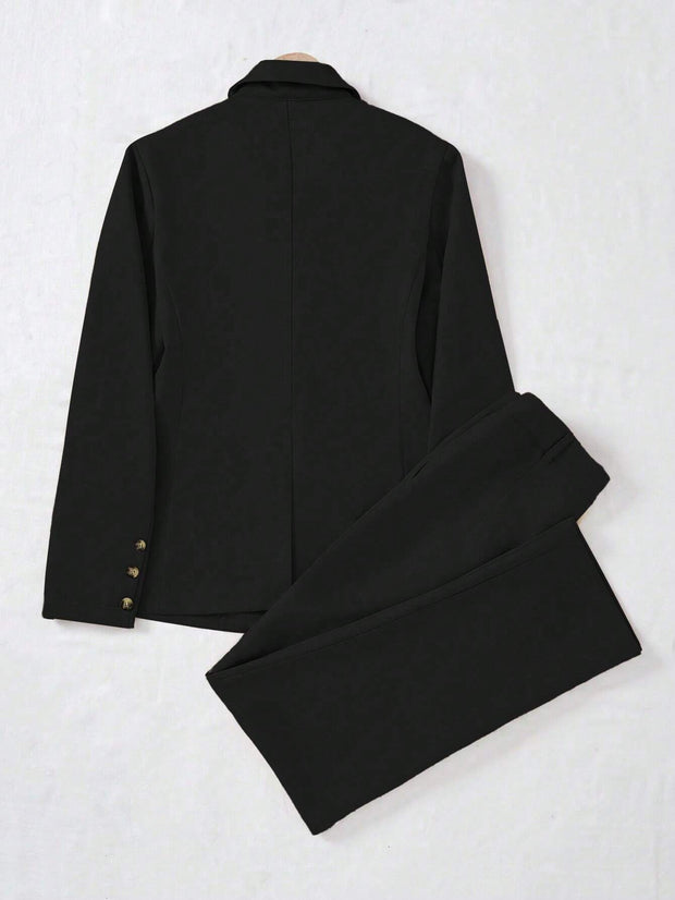 SHEIN LUNE Women's Minimalist Notched Collar Single Button Blazer Jacket And Pants Suit