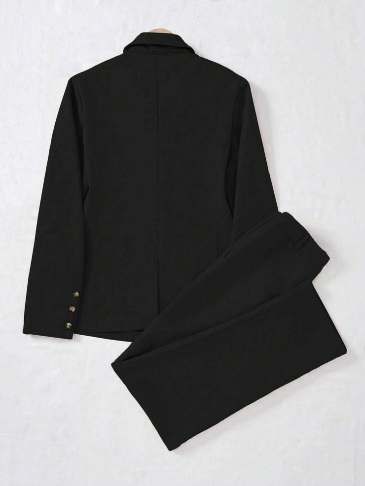 SHEIN LUNE Women's Minimalist Notched Collar Single Button Blazer Jacket And Pants Suit