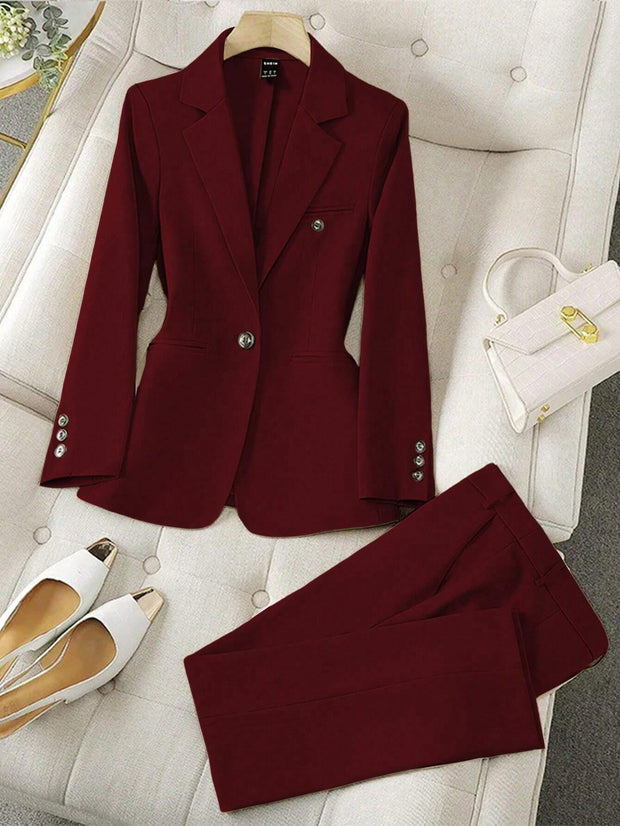 SHEIN LUNE Women's Minimalist Notched Collar Single Button Blazer Jacket And Pants Suit