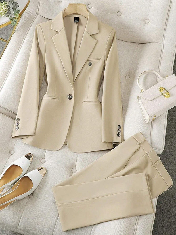 SHEIN LUNE Women's Minimalist Notched Collar Single Button Blazer Jacket And Pants Suit