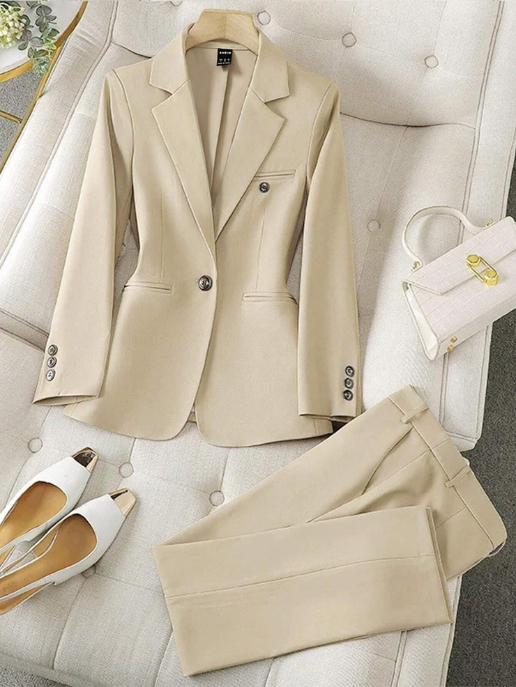 SHEIN LUNE Women's Minimalist Notched Collar Single Button Blazer Jacket And Pants Suit