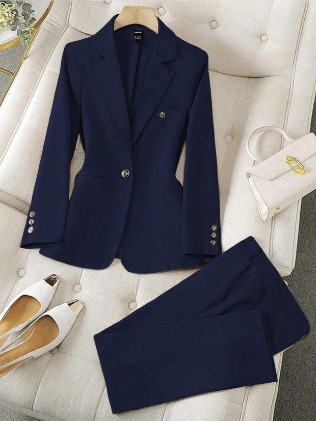 SHEIN LUNE Women's Minimalist Notched Collar Single Button Blazer Jacket And Pants Suit