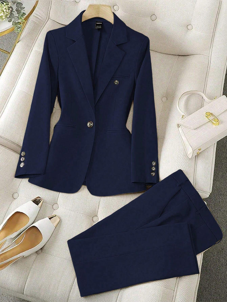 SHEIN LUNE Women's Minimalist Notched Collar Single Button Blazer Jacket And Pants Suit