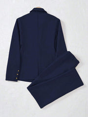 SHEIN LUNE Women's Minimalist Notched Collar Single Button Blazer Jacket And Pants Suit