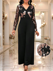 SHEIN Lady Women's V-Neck Floral Sequin Mesh Long Sleeve Jumpsuit