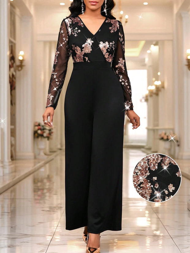 SHEIN Lady Women's V-Neck Floral Sequin Mesh Long Sleeve Jumpsuit