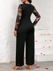 SHEIN Lady Women's V-Neck Floral Sequin Mesh Long Sleeve Jumpsuit