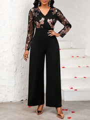 SHEIN Lady Women's V-Neck Floral Sequin Mesh Long Sleeve Jumpsuit