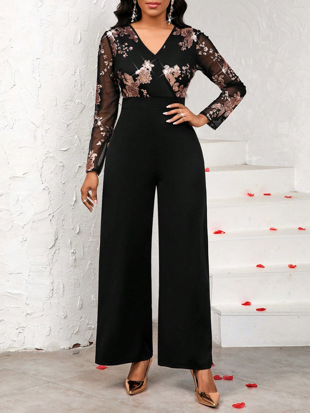SHEIN Lady Women's V-Neck Floral Sequin Mesh Long Sleeve Jumpsuit