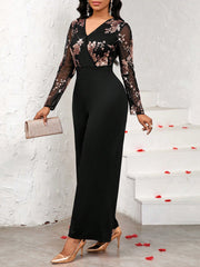 SHEIN Lady Women's V-Neck Floral Sequin Mesh Long Sleeve Jumpsuit
