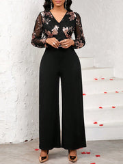 SHEIN Lady Women's V-Neck Floral Sequin Mesh Long Sleeve Jumpsuit