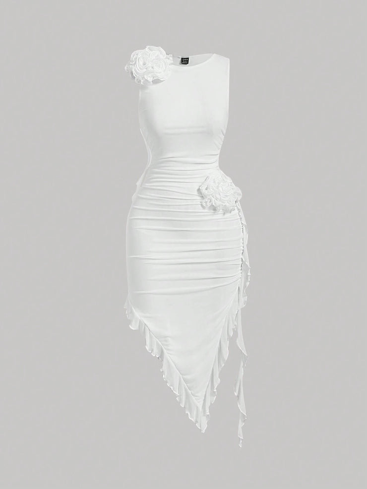 SHEIN MOD Women Fashionable Tight-Fitting Dress With Asymmetrical Hemline, 3D Flower And Sash Detail