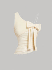 SHEIN MOD Shoulder Strap Bow Beaded Strap, Ruched Waist, Asymmetrical Hem Pink Blouse