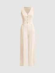 SHEIN MOD Ladies' Single-Breasted Vest And Trousers Set Khaki Color
