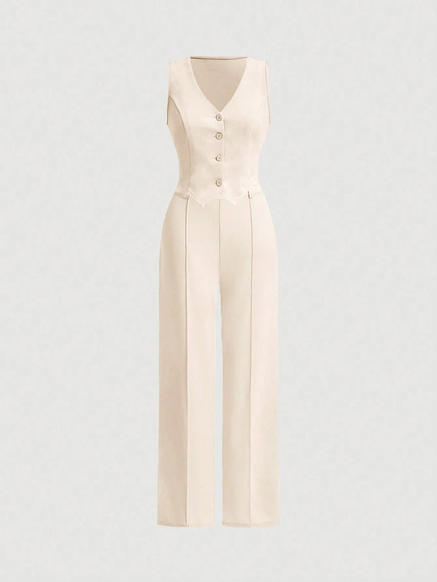SHEIN MOD Ladies' Single-Breasted Vest And Trousers Set Khaki Color