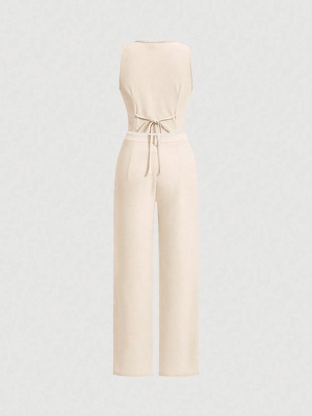 SHEIN MOD Ladies' Single-Breasted Vest And Trousers Set Khaki Color
