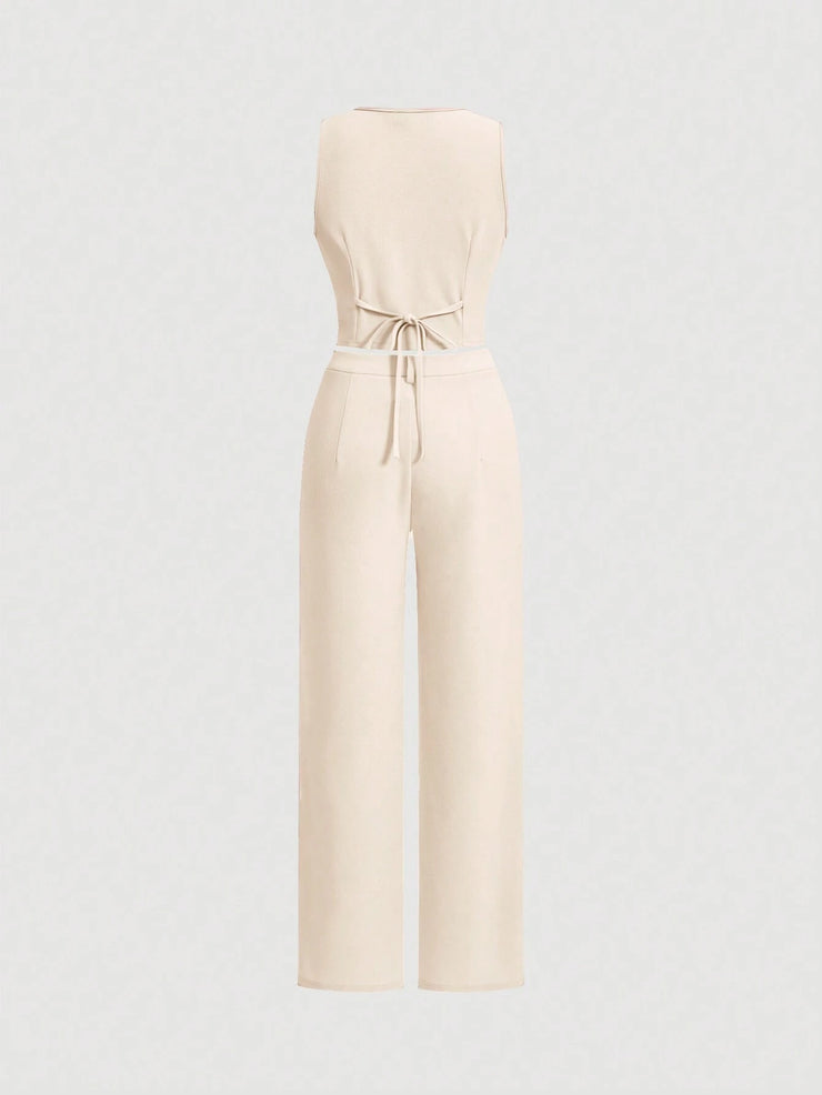 SHEIN MOD Ladies' Single-Breasted Vest And Trousers Set Khaki Color