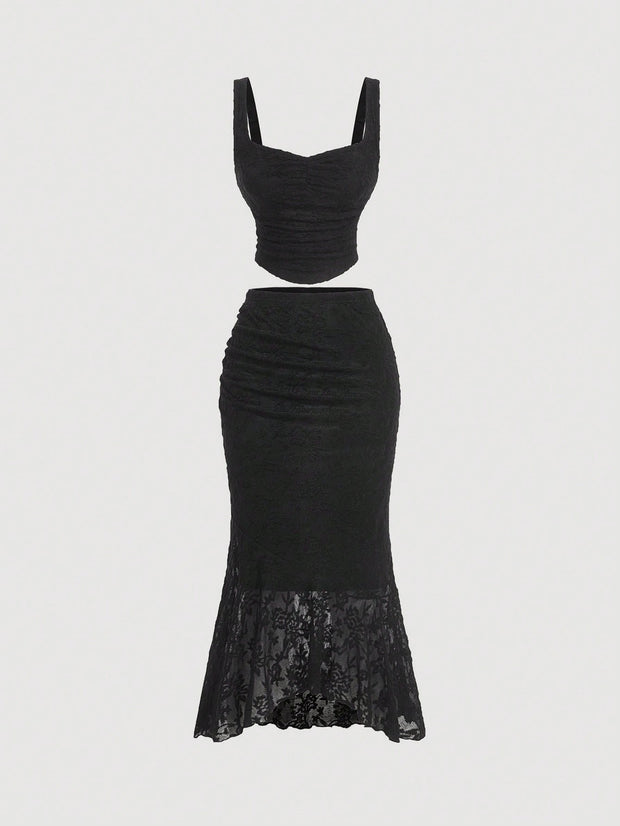 SHEIN MOD Black Lace Vest Fishtail Skirt Two-Piece Set Dreamy Formal Set