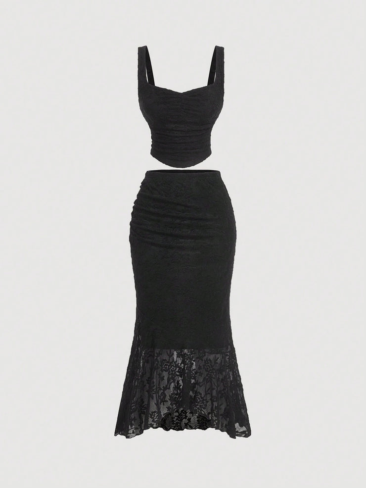 SHEIN MOD Black Lace Vest Fishtail Skirt Two-Piece Set Dreamy Formal Set