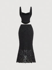 SHEIN MOD Black Lace Vest Fishtail Skirt Two-Piece Set Dreamy Formal Set