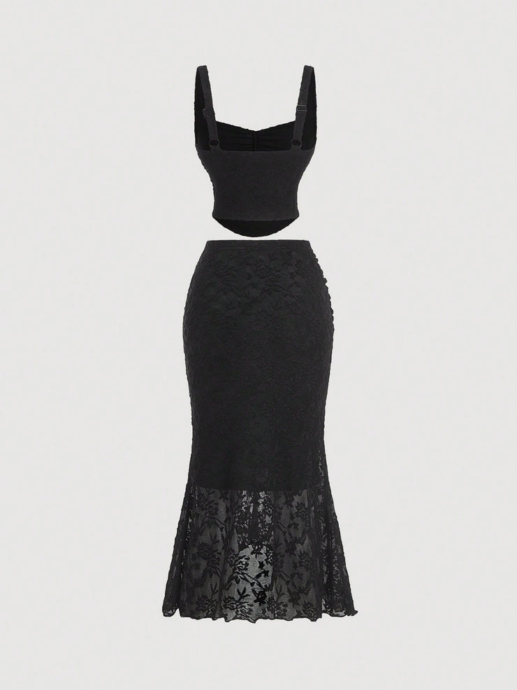 SHEIN MOD Black Lace Vest Fishtail Skirt Two-Piece Set Dreamy Formal Set