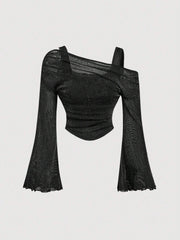 SHEIN MOD Black Off Shoulder Mesh Flare Sleeve Blouse