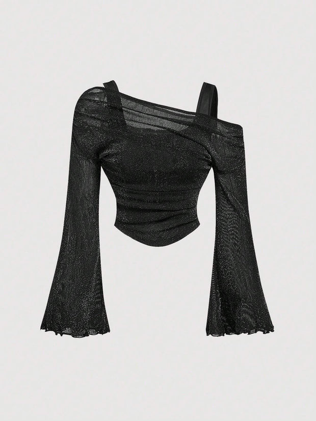 SHEIN MOD Black Off Shoulder Mesh Flare Sleeve Blouse