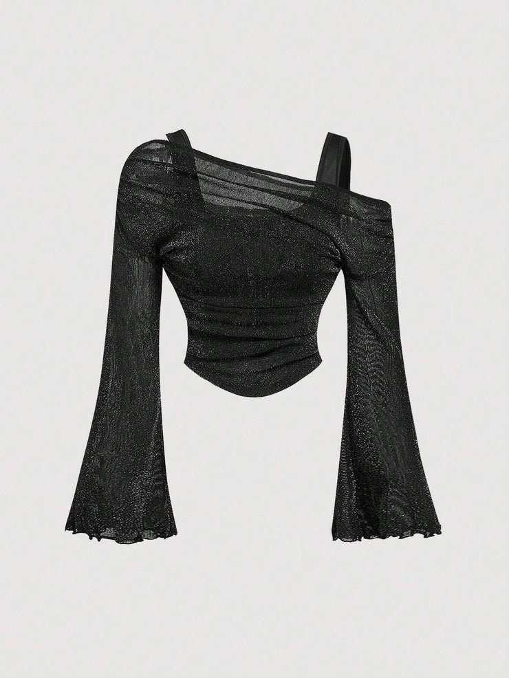 SHEIN MOD Black Off Shoulder Mesh Flare Sleeve Blouse
