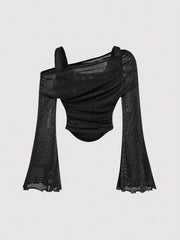 SHEIN MOD Black Off Shoulder Mesh Flare Sleeve Blouse