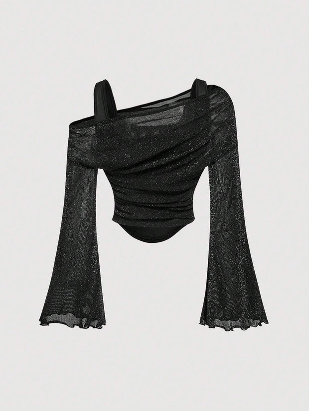 SHEIN MOD Black Off Shoulder Mesh Flare Sleeve Blouse