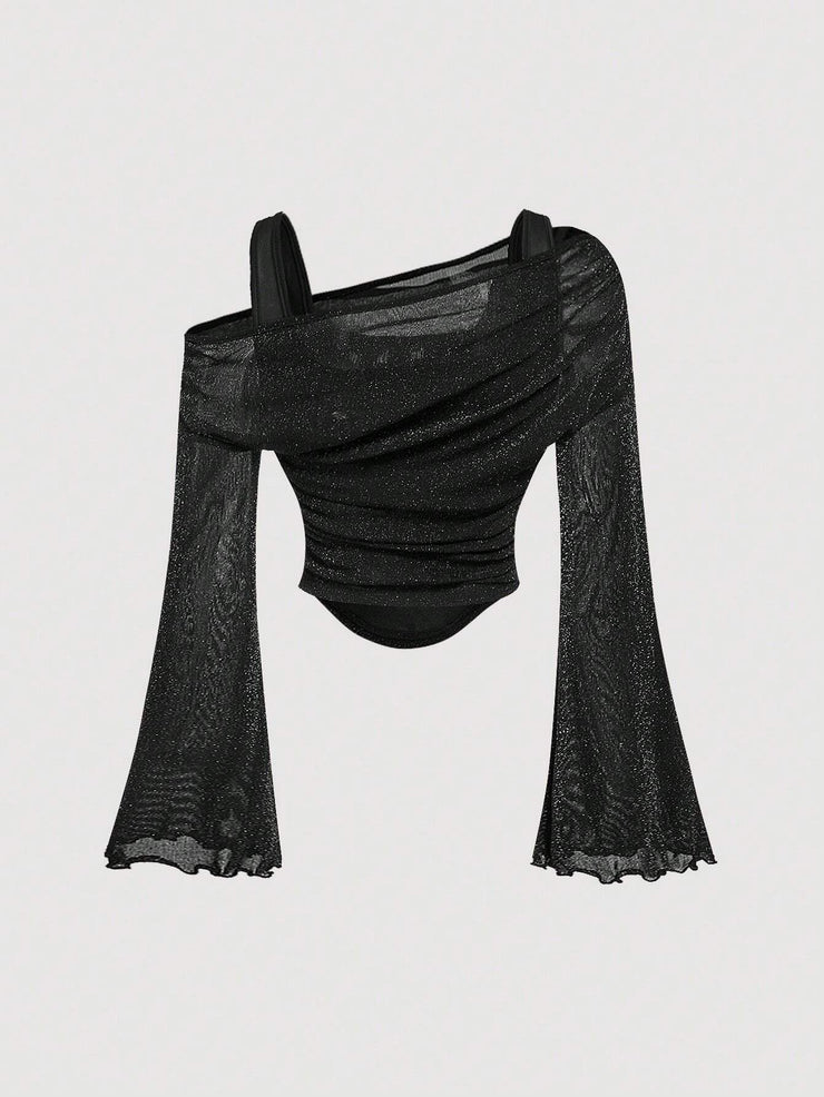SHEIN MOD Black Off Shoulder Mesh Flare Sleeve Blouse