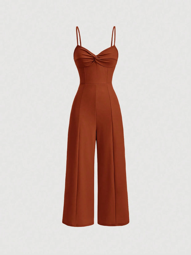 SHEIN MOD Twist Front Wide Leg Sweetheart Collar Jumpsuit