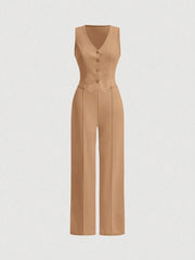 SHEIN MOD Ladies' Single-Breasted Vest And Trousers Set Khaki Color
