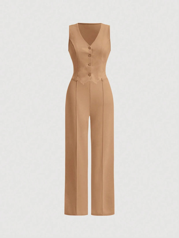SHEIN MOD Ladies' Single-Breasted Vest And Trousers Set Khaki Color