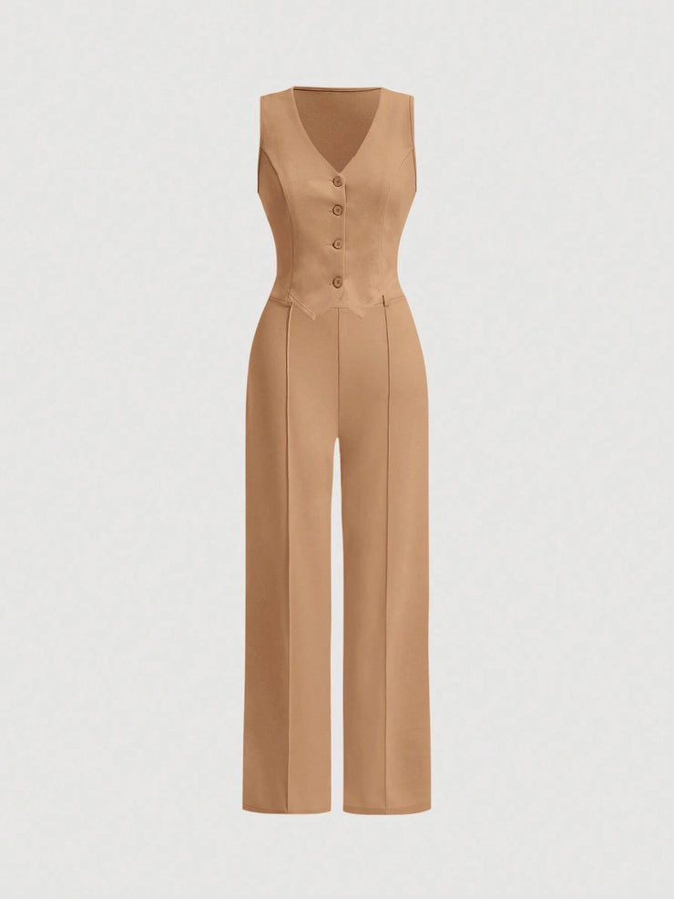 SHEIN MOD Ladies' Single-Breasted Vest And Trousers Set Khaki Color