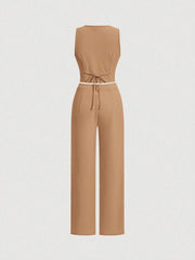 SHEIN MOD Ladies' Single-Breasted Vest And Trousers Set Khaki Color