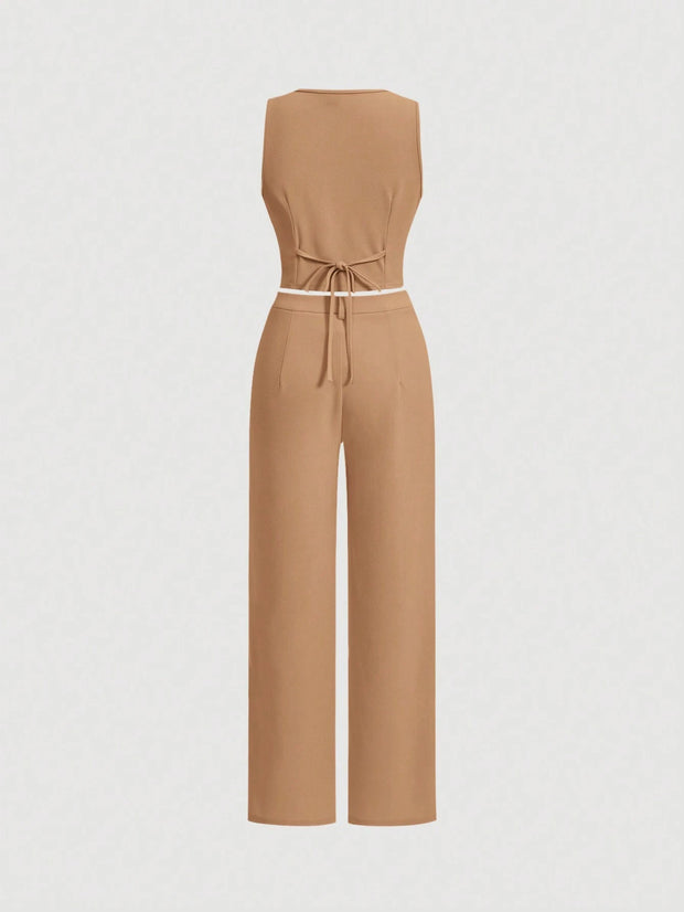 SHEIN MOD Ladies' Single-Breasted Vest And Trousers Set Khaki Color