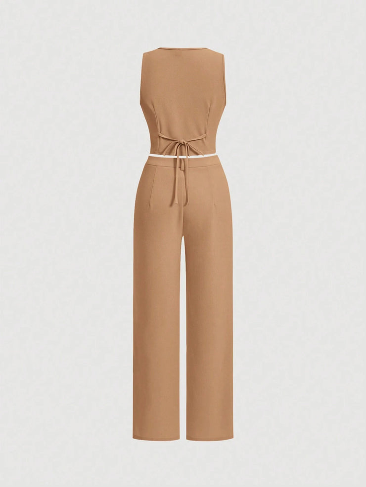 SHEIN MOD Ladies' Single-Breasted Vest And Trousers Set Khaki Color