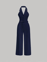 SHEIN MOD Lapel Neck Belted Halter Jumpsuit